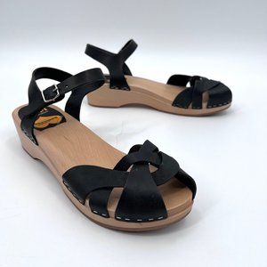 Hasbeen Sweden Open Toed Woven Black Leather Wooden Slingback Shoes Size 10